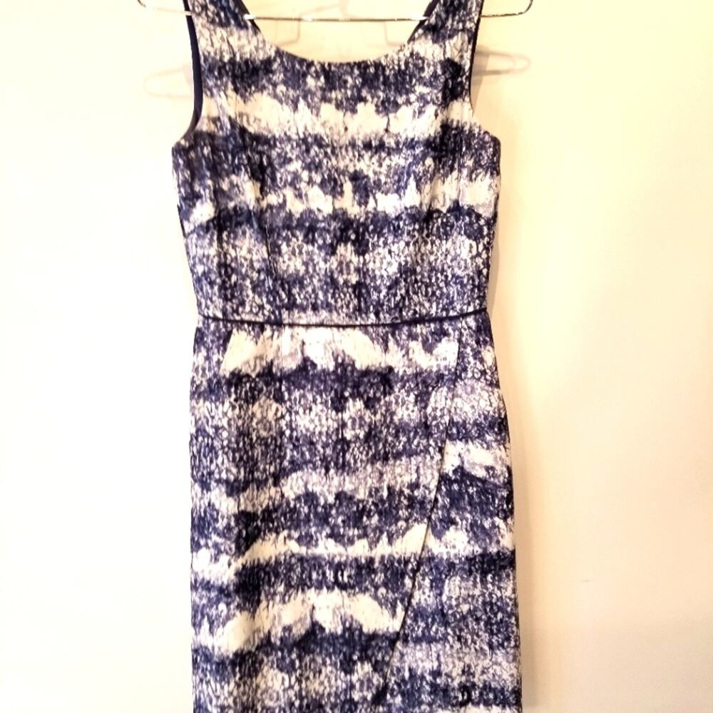 Katherine Kelly Sun‎ Dress Faux Wrap Navy Round Neck Sleeve Less Women's Size 6